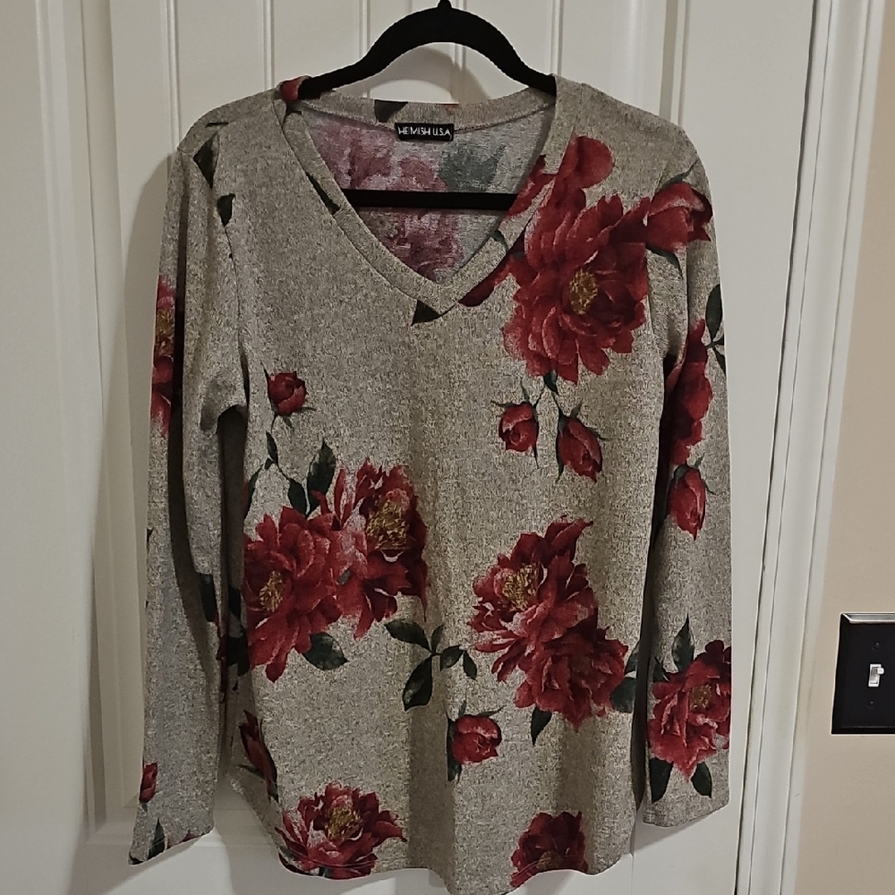 HEIMISH USA Gray and Red Floral Long Sleeve Top